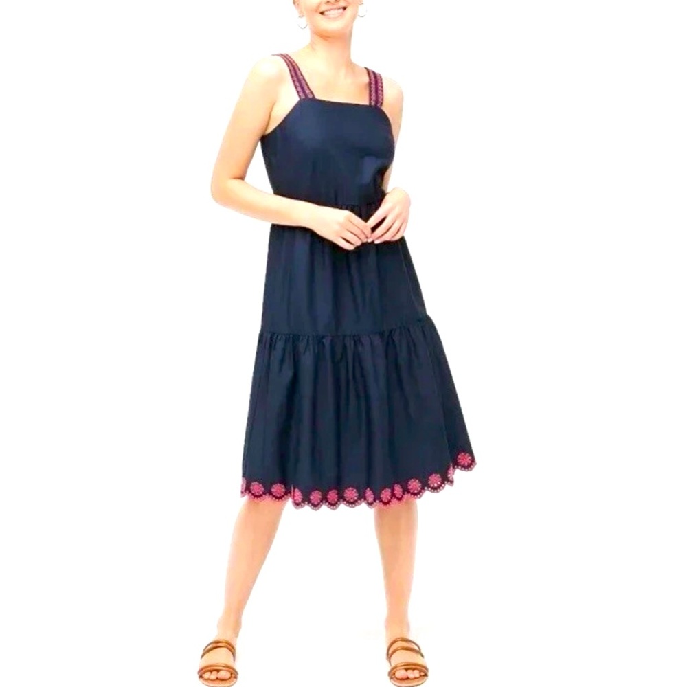 J. Crew Navy Cotton Sleeveless Embroidered Tiered Ruffles Scalloped Hem Dress, 4